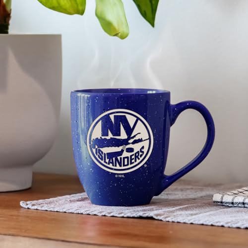 Image of Rico Industries NHL Hockey New York Islanders Royal Personalized 16 oz Team Color Laser Engraved Speckled Ceramic Coffee Mug