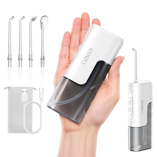 COSLUS Mini Water Flosser for Travel: Portable Compact Design - Removable Tank for Easy Cleaning - 4 Modes IPX7 Electric Flosser for Braces/Orthodontic/Sensitive Gums On-The-Go Use hite(T40)