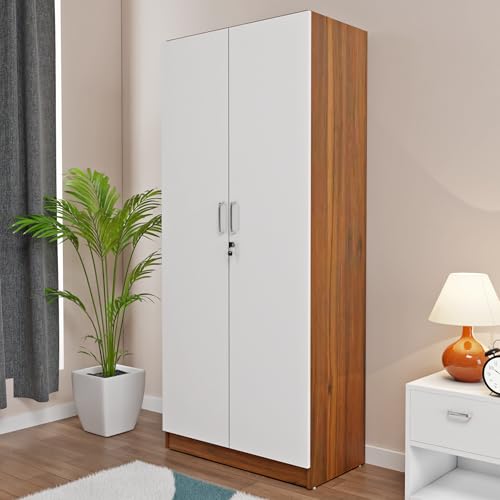 Image of VIKI Wardrobe | Jiufen Wardrobe | Wooden Almirah for 2 Door Wardrobe with 4 Shelves (Brussel Walnut | Frosty White - 40D x 80W x 180.8H) | 1 Year Warranty | Free Assembly
