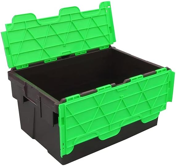 Pack of 5 - Plastic 55 Litre Heavy Duty Storage Box Tote Crates (60 x 40 x 30.6cm) Plastor Black with Green Attached Hinged Lids