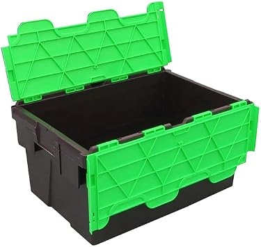 Pack of 2 - Plastic 55 Litre Heavy Duty Storage Box Tote Crates 60 x 40 x 30.6cm Plastor Black with Green Attached Hinged Lids