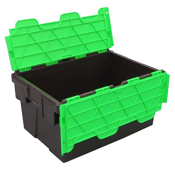 Pack of 5 - Plastic 55 Litre Heavy Duty Storage Box Tote Crates (60 x 40 x 30.6cm) Plastor Black with Green Attached Hinged Lids
