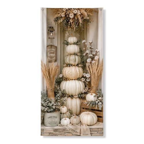 Cubiertas decorativas para puerta de calabazas, rústicas, de algodón de trigo, color crema de otoño con cuerda, cubierta de puerta delantera, decoración del hogar para porche, puerta, interior y