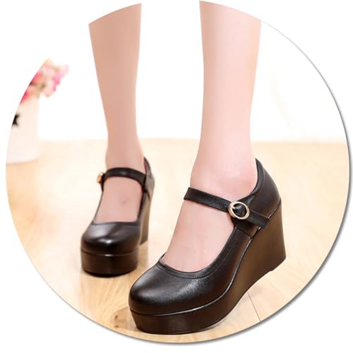 Women's Genuine Leather Platform Wedge Mary Jane Shoes Classic Round to Ankle Strap Height Increase Dress Pumps Daily Business Office Formal Shoes2