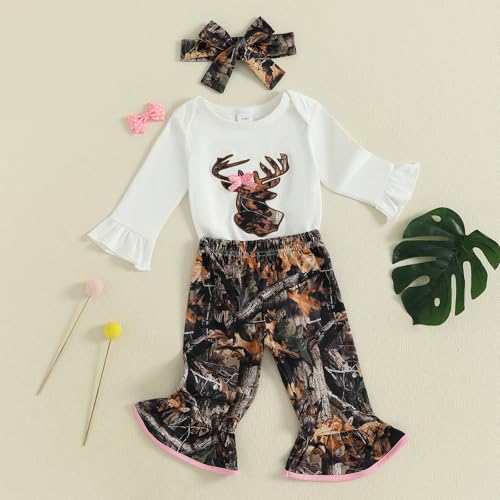 Newborn Baby Girl Hunting Clothes Deer Long Sleeve Romper Jungle Camo Flare Pants Set 3 Piece Fall Winter Outfit2