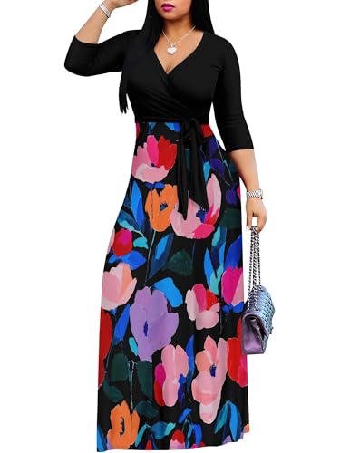 Image of PinkPatty Plus Size Dresses for Curvy Women V Neck Flowy Long Sleeves Wrap Maxi Dress Travel Vacation Outfits