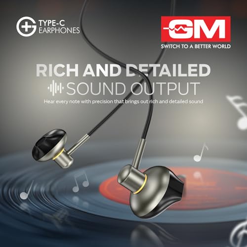 Image of GM G+ Type-C Wired Earphones with Mic | 14mm Drivers HD Bass Sound | Half-in-Ear Comfort Fit | Metallic Finish, Lightweight | One Touch Control | for Calls, Music & Gaming USB-C Devices