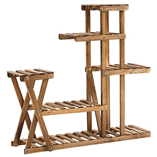 Outsunny Étagère à Fleurs en Bois Supports de Pots Porte Plante Bois 6 tablettes - dim. 98L x...