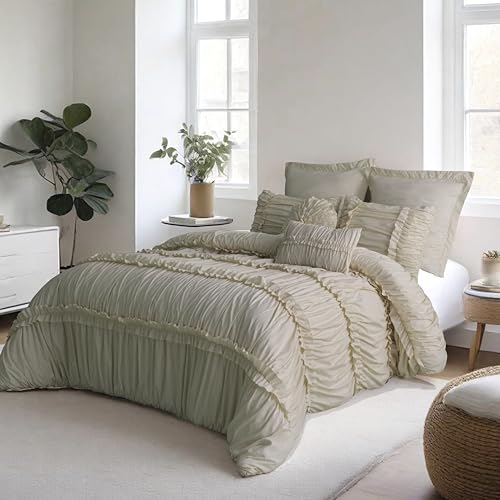 Homechoice Decor Camel Comforter Set King, 7 Piece Ruffled Bed-in-a-Bag