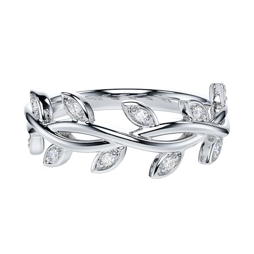 THELANDA Genuine Moissanite or Simulated Round Brilliant Diamond Sterling Silver Twisted Olive Branch Leaves Band Wedding Ring