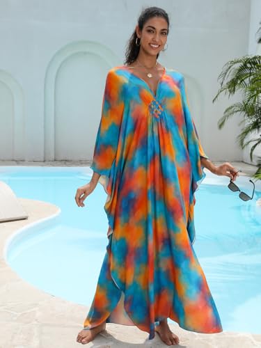 Image of IMAGEKOPE Women's Plus Size Animal Print V-Neck Batwing Kaftan Beach Dress Bathing Suit Cover-Up Loungewear