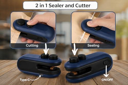 Image of WEJIT Portable Mini Sealing Machine for Food Packets Blue (blue) | 2-in-1 Heat Sealer & Cutter, Plastic Sealing, USB Rechargeable, Snack Bag Sealer