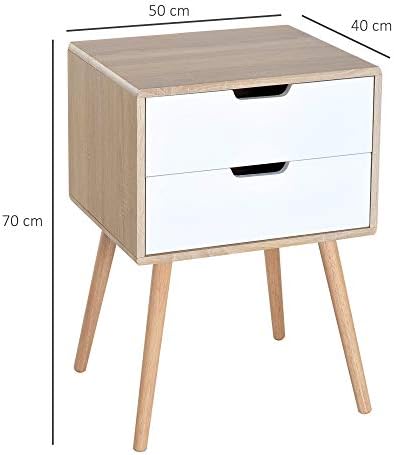 HOMCOM Freestanding Bedside Table with 2 Drawers, Wood Legs, Bedroom Nightstand, Cabinet Storage Organiser Unit, Oak