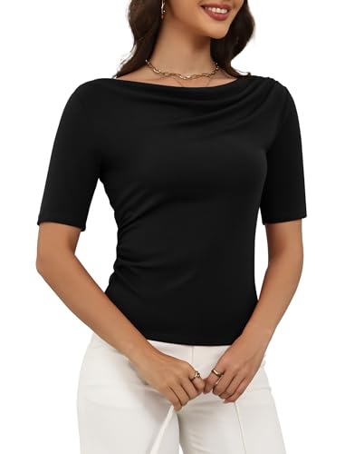 kakola Womens Tops Cowl Neck Half Sleeve Shirts Slim Fit Basic Tee 2025 Summer Fall Dressy Casual T-Shirts Black