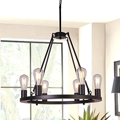 OSAIRUOS Wagon Wheel Chandelier Vintage 6 Lights Kitchen Island Rustic Round Chandelier Industrial Rod Iron Chandeliers Ceiling Light Fixture for Dining Room Cafe Hallways W22'' (Bulbs Included)