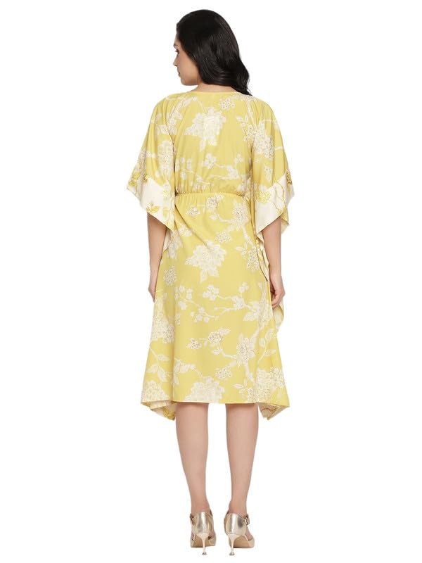 Image of Ahalyaa Women Lime Green & Off White Floral Printed Flared Sleeves Floral Kaftan Kurta