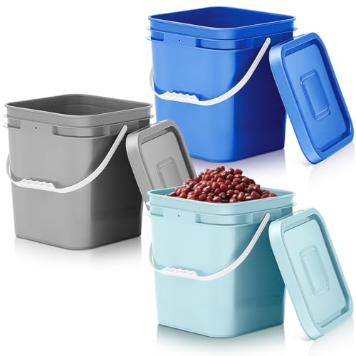 Image of Mumufy 3 Pcs 3.5 Gallon Square Food Grade Bucket with Lid Square Bucket Pail Plastic Handles for Long Term Food Storage, Camping, Fishing, Home Organization Easy Stack and Store (Aqua,Gray,Blue)