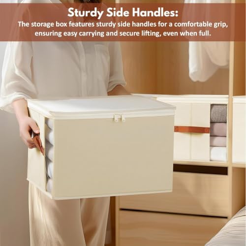 Image of JD FRESH 1 Pcs 30 Liters Foldable Cloth Organizer with Transparent Window /Multipurpose Storage Box with Handles /Almirah Organizer /Wardrobe Organisers for Clothes /Sarees /Bedsheets -Beige
