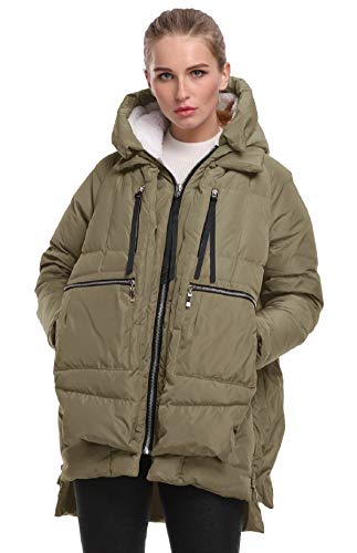 FADSHOW Women's Winter Down Jackets Long Down Coats Warm Parka with Hood,Army Green,L