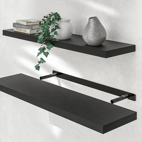 Casaria® Wandregal Holz Schwarz Regal mit Halterung 15kg Tragkraft Hängeregal Küche Wohnzimmer Flur Wand Schweberegal Bücherregal Regalbrett Schwebend Matt 90cm