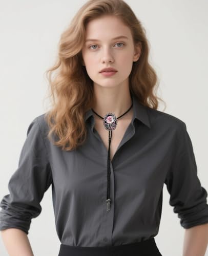Image of PEARLY JUN Bolo Tie for Women Men Flower Rose Western Cowboy Brown Leather Country Style String Vest Gifts