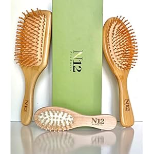 N12 Set of 3 Bamboo Wooden hairbrush for Women Men and Kids – Anti-Static Comb for Scalp Massage, Detangling Styling Frizz Control Breakage Reduction, Knot-Free Curly Thick Long Fine Dry Wet Hair