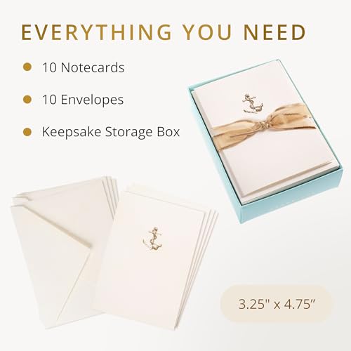 Image of Graphique Anchor La Petite Presse Boxed Notecards - 10 Embossed and Embellished Gold Foil Anchor Blank Cards with Matching Envelopes, 3.25 inch x 4.75 '