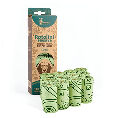 BioSave 180 Sacchetti Compostabili per Cane, Biodegradabili e Resistenti - Antistrappo, A Prova di Perdite, OK Compost HOME Cert., PlasticFree, Made in Italy