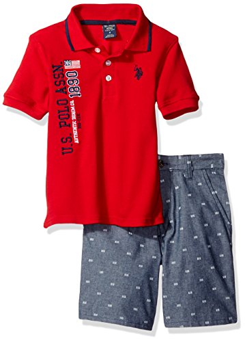U.S. Polo Assn. Boys' Iconic Striped Pique Polo Shirt and Chambray Short, Plaid, 2T