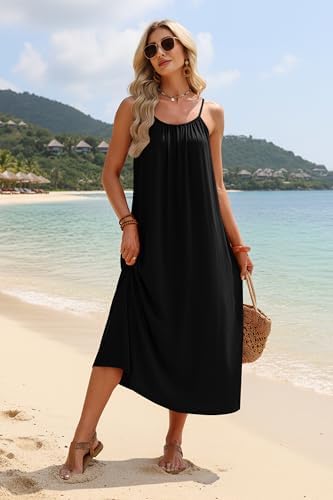 OFEEFAN Womens Summer Dresses 2026 Backless Cami Maxi Dress Plus Size Sundresses Spaghetti Strap Beach Vacation Clothes Swimsuit Coverup Black L - 2