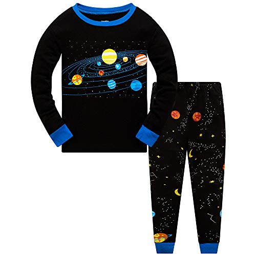 Popshion Jungen Schlafanzug Dinosaurier Kinder Pjs Sets Baumwolle Kleinkind Kleidung Langarm Nachtwäsche Weihnachten Nachtwäsche 2-teiliges Outfit Xmas Gift 2-10 Jahre, A-Planet, 104 Cover