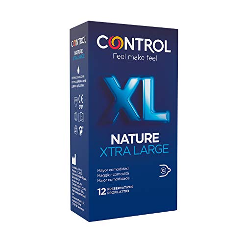 Control Preservativos Nature XL - Caja de condones tamaño más grande, gama placer natural, lubricados, perfecta adaptabilidad, sexo seguro, 12 unidades