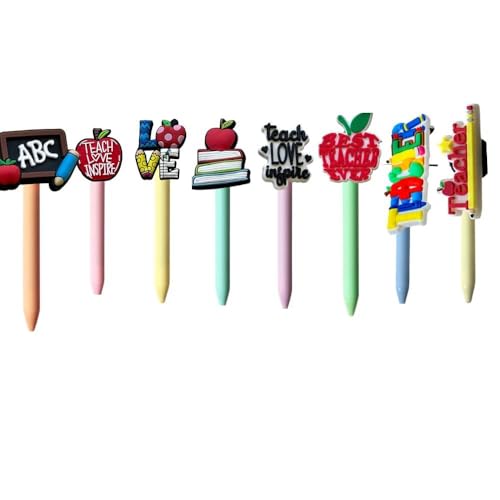 8PC Teacher Charm Pens Cute Cool Fun Black Gel Ink Writing Pen Teach Love Inspire Office Supplies Best Teachers Must Haves Essentials Accessories Back To School Appreciation Bulk Gift Set For Women