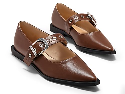 Coutgo Womens Mary Jane Flats Closed Pointed Toe Ballet Flat Studded Metal Adjustable Buckle Dress Shoes