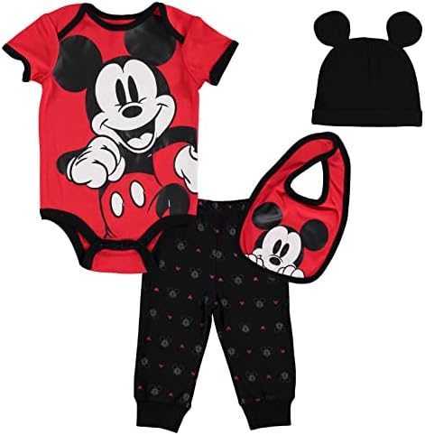 Disney Mickey Mouse Newborn Baby Boys 4 Piece Outfit Set: Bodysuit Pants Bib Hat Red/Black 0-3 Months