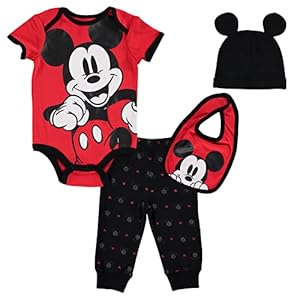 Disney Mickey Mouse 4 Piece Outfit Set: Bodysuit Pants Bib Hat
