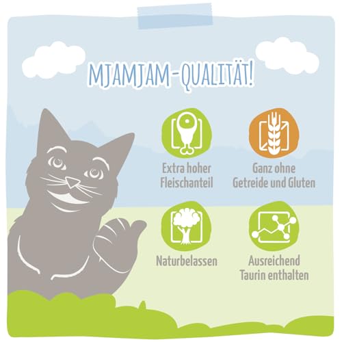 MjAMjAM - Premium Nassfutter für Katzen - Quetschie - zarte Ente & Geflügel an leckeren Möhrchen, 12er Pack (12 x 125 g), getreidefrei mit extra viel Fleisch
