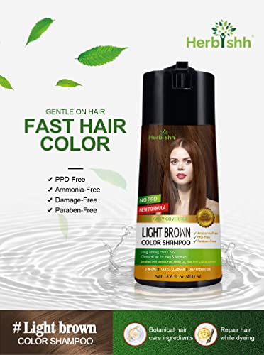 Image of Herbishh Hair Color Shampoo for Gray Hair - Enriched Color Shampoo Hair Dye Formula - 3 IN 1 Hair Dye Shampoo and Conditioner - Long Lasting & DIY (Light Brown)