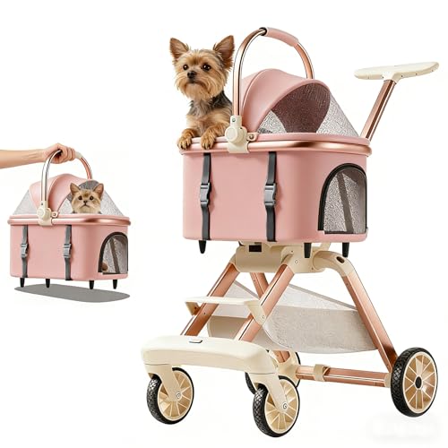 EPPMagice All-Terrain Pet Stroller for Small Medium Dogs & Cats 20 lbs Capacity - Portable Carrier with One-Touch Brake Lightweight Foldable Design & Shock Absorption Wheels Pink