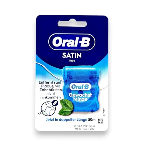 Oral-B Rotolo di nastro satinato per rimuovere la placca, il filo interdentale cerato per spazi ristretti, per una sensazione di freschezza e pulizia, sapore di menta, rotolo da 50 m