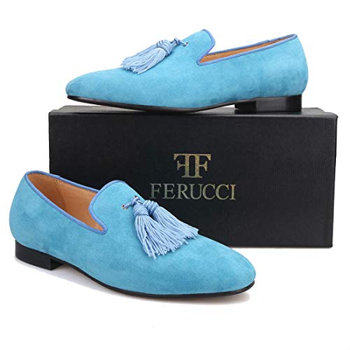 FERUCCI Men Light Blue Suede Slippers Loafers Flat with Big Blue Tassel2