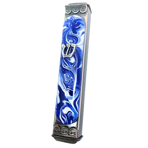 Tamara Baskin Art Glass Mezuzah, Easy Mount Indoor or Outdoor Weatherproof Metal Case Gift Box and Non-Kosher Scroll Included Hand Made in USA Guaranteed for Life (Marbled Blue White)