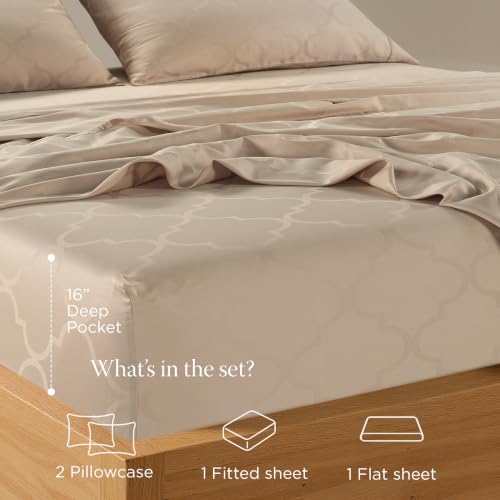 Image of Threadmill 300 Thread Count Cotton Full Sheet Set, Sateen, Damask, Beige | 100% Cotton, Sateen Weave, Damask Pattern, 4-Piece Set, 16 inch Deep Pocket, Cooling, Fade-Resistant, OEKO-TEX Certified