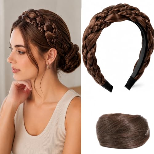 Braided Headband & Straight Hair Scrunchie Set, Volume-Boosting Synthetic Hair Braid Headband with Non-Slip Grip, Elastic Hair Tie for Women’s Daily Wedding Party Hairstyle Accessories (Light brown)