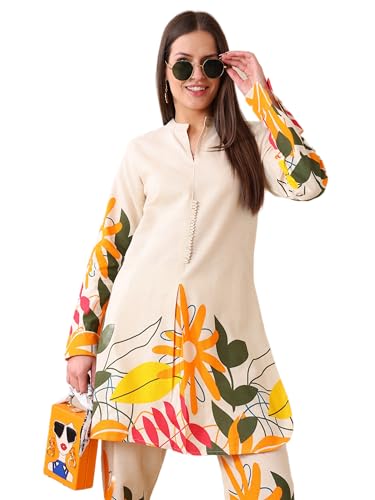 ANUSHIL Women’s Floral Printed Co-Ord Set – 2 Piece Lounge Set with Top & Pants – Ethnic Casual Summer Outfit (Cream & Orange, L)