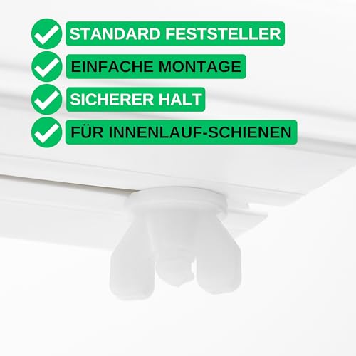 Gardinen Feststeller, 24 Stück, in Weiß, aus Kunststoff, für min. 10 x 6 mm Laufkammern, Stopper für Schienensysteme mit Innenläufen, Zwischenfeststeller, Endstopfen, Endfeststeller Gardinenschiene