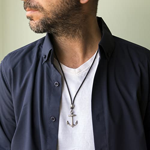 Men's Anchor Necklace, Genuine Black Leather Long Necklace, Handmade Silver Plated Pendant Boho Tribal Surfer Jewelry For Guys #TOP1