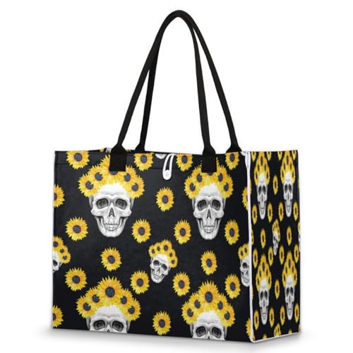 Sunflower Wreath Skulls Tote Bag for Women Large 16.5x13x6.7 Inch Shoulder Bag with Zipper Pocket Felt Work Bag for Laptop Travel Shopping Beach Pool