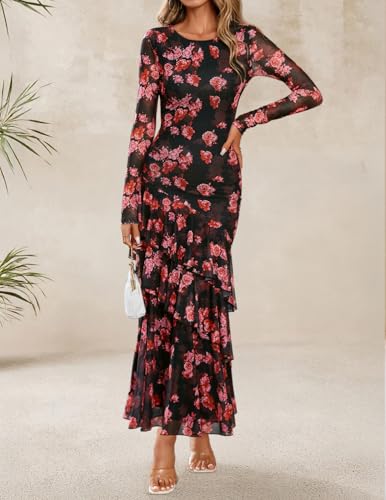 ZESICA Women's Long Sleeve Floral Bodycon Dresses 2025 Fall Fashion Mesh Ruffle Mermaid Wedding Guest Party Maxi Dress2