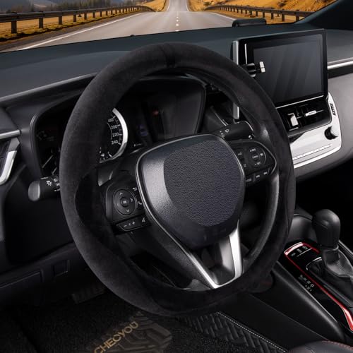 COFIT Plüsch Lenkradbezug Winter Universal Lenkrad Bezug Fell Lenkradhülle Wwarm Weich Lenkradschutz Auto für 37-38 cm Autozubehör Schwarz